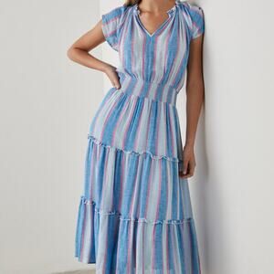Rails Amelia Kona Stripe Midi Dress Size S Linen Blend Blue Pink Cottagecore